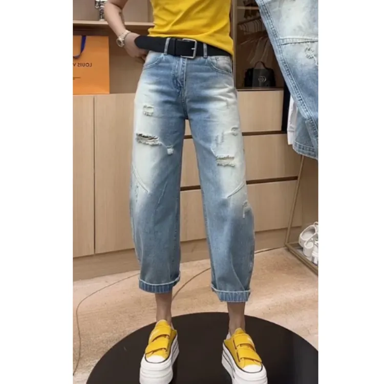 春季高腰显瘦大码阔腿裤春季百搭宽松时尚直筒潮流修补弯刀裤