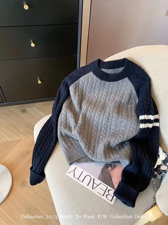 韩系撞色圆领麻花插肩袖毛衣女秋冬新款慵懒百搭内搭打底衫上衣