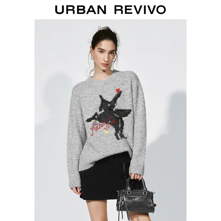 UR2026春季新款女装潮流撞色飞马字母提花针织衫UYV960003