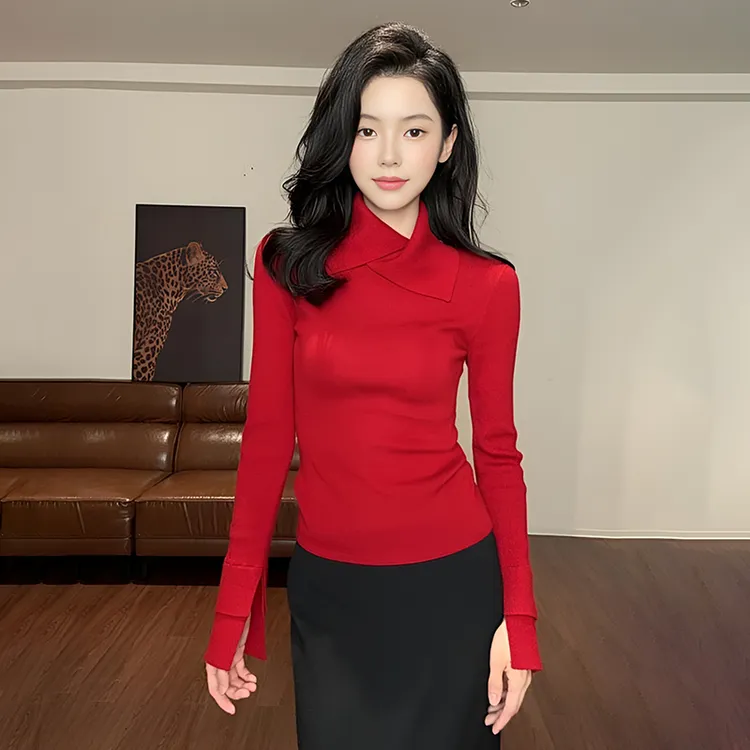 复古红色不规则翻领针织衫女2025新款秋冬修身显瘦休闲打底衫上衣