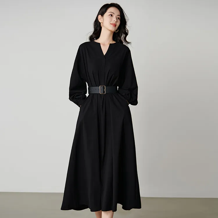 【新品】2025V领系腰带百搭连衣裙女25070774