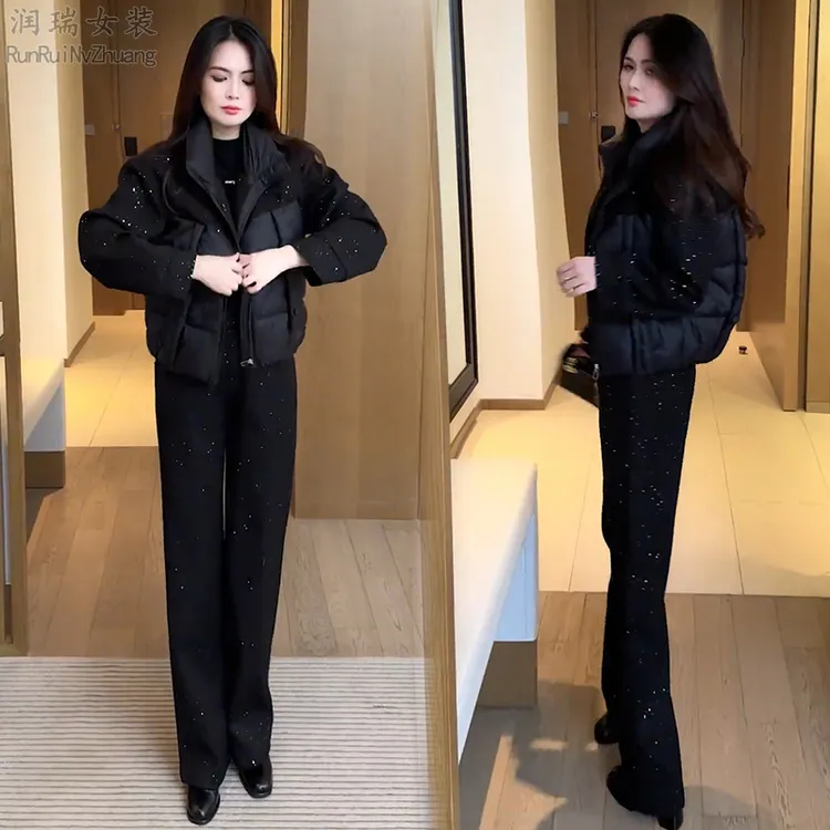 慵懒风时尚套装女2025冬季新款小个子宽松立领棉服阔腿裤两件套潮