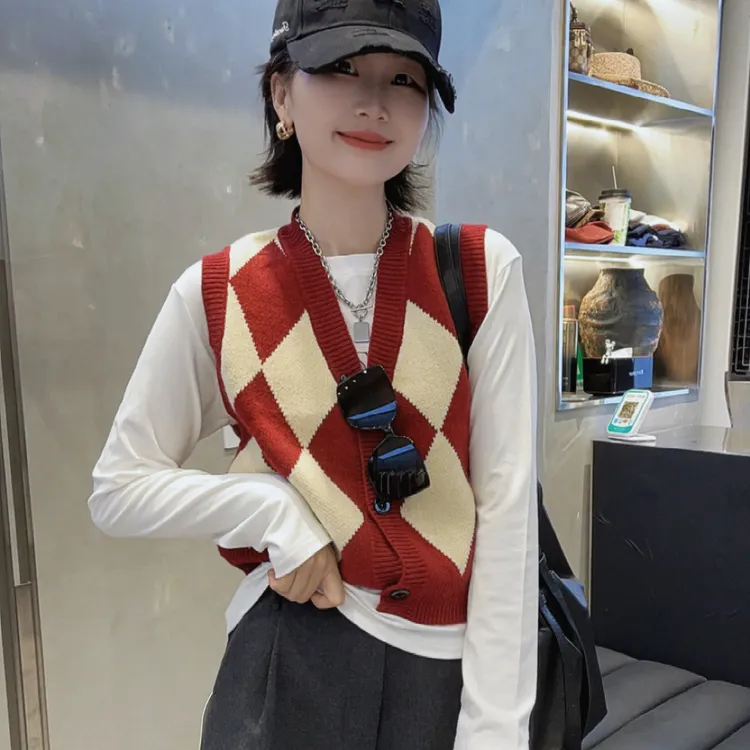 桃.囍女装韩版针织格子百搭马夹，可单穿可打底无袖
