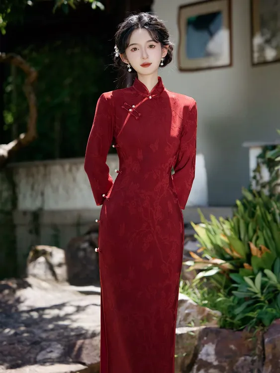 酒红色旗袍秋冬季长袖敬酒服长款年轻喜妈妈婚礼中国风修身连衣裙