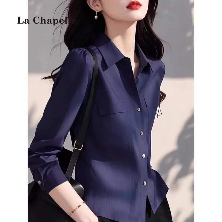 拉夏贝尔通勤纯色单排扣长袖流行春秋季设计感衬衫轻奢上衣小衫女