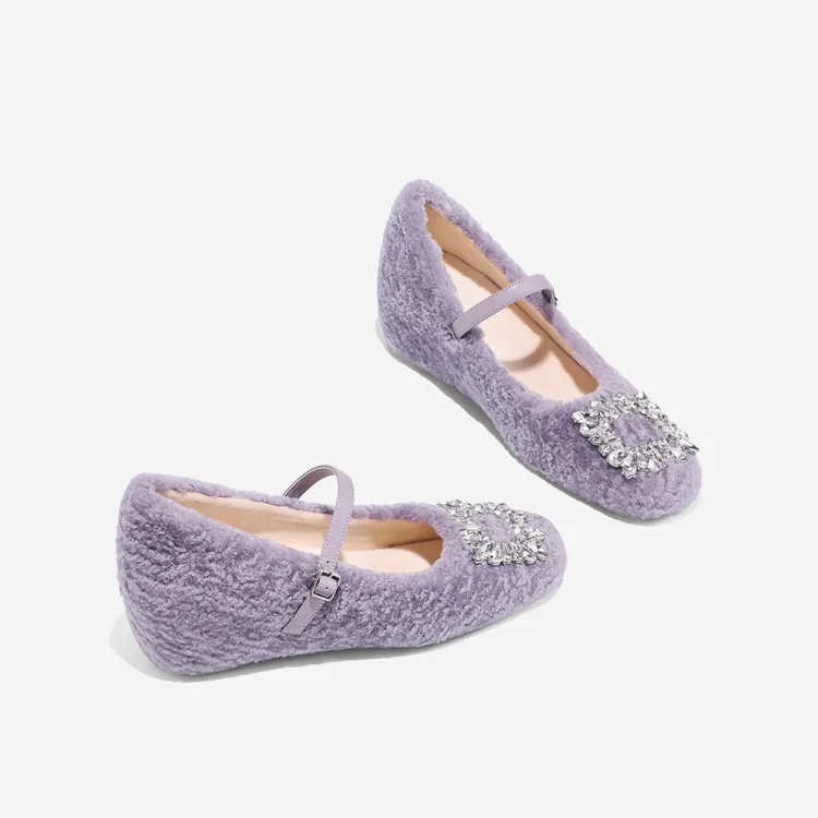 小个子玛丽珍毛毛鞋女2025新款一字带浅口内增高百搭加绒高跟单鞋