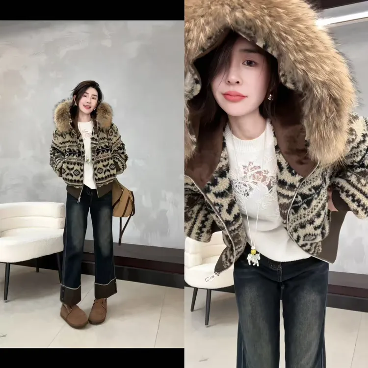 玖了个玖 2025冬款 年货定制费尔岛大毛领连帽羽绒外套 2512C9224