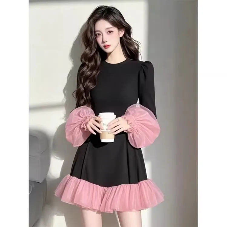 高级气质千金风网纱拼接黑色连衣裙女爆款2025春秋新款超好看裙子