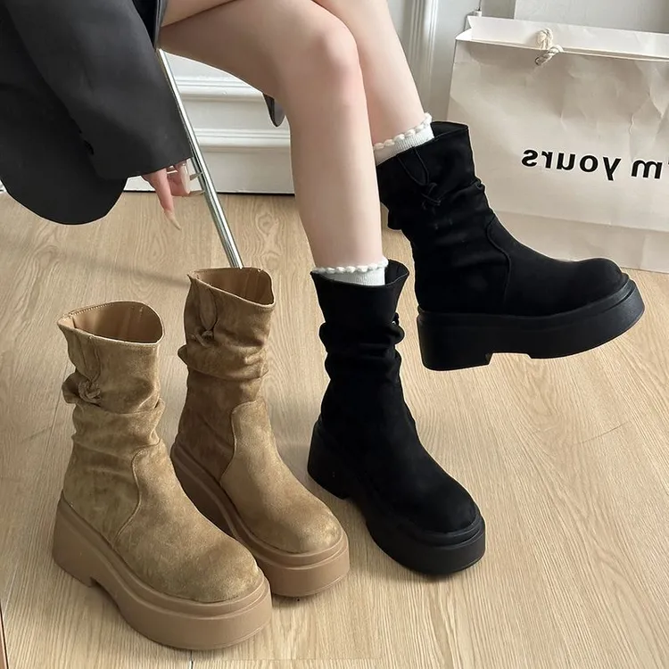 2025新款秋冬马丁靴女圆头爆款棕色靴子中筒洋气巨好看厚底短靴