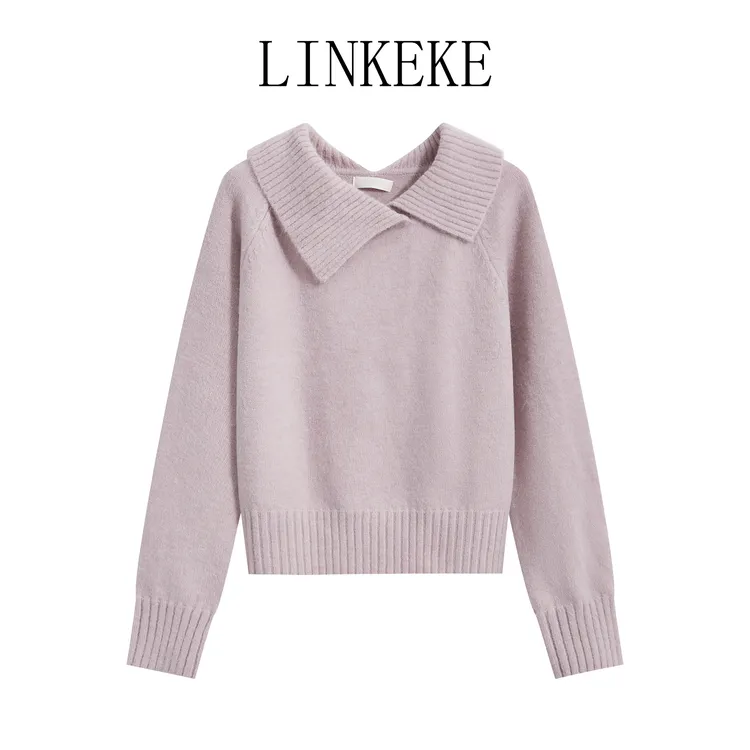 紫色翻领不规则针织衫女装秋冬款时尚设计感气质小众显瘦套头毛衣