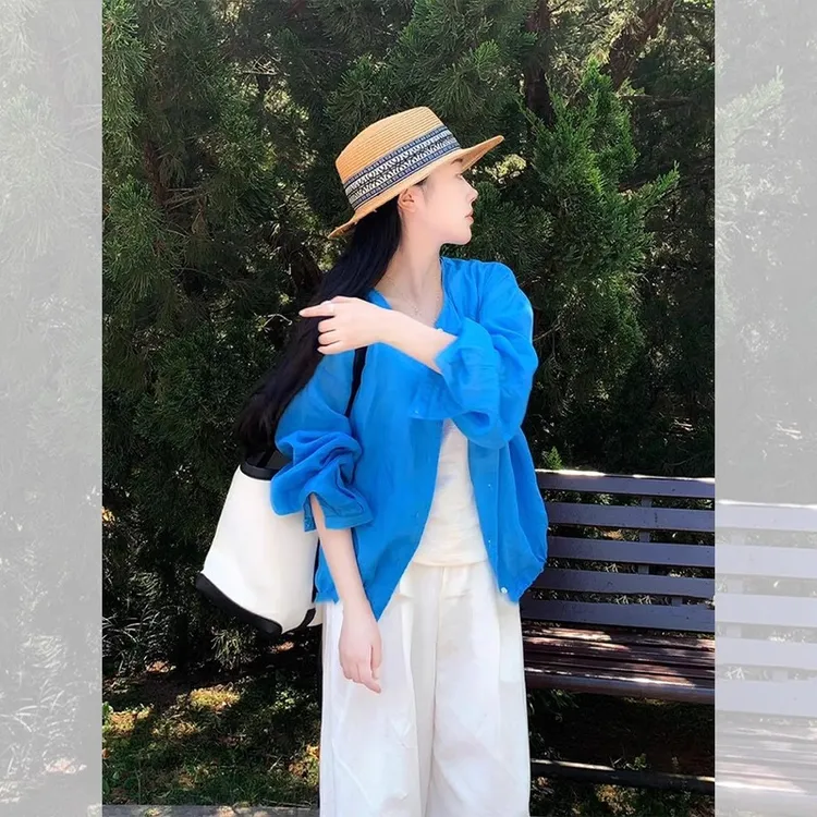 韩系克莱因蓝防晒外套女夏季亚麻衬衣巨好看的防晒衣薄款开衫