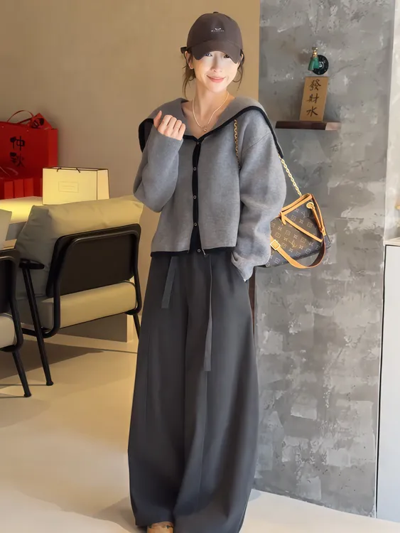 2025超火秋装一整套宽松慵懒松弛感海军领毛线衣阔腿休闲裤套装女
