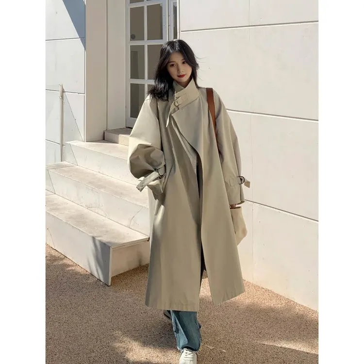 VOCKOO官方中长版风衣外套女2025早秋新款宽松慵懒覆古大衣休闲高