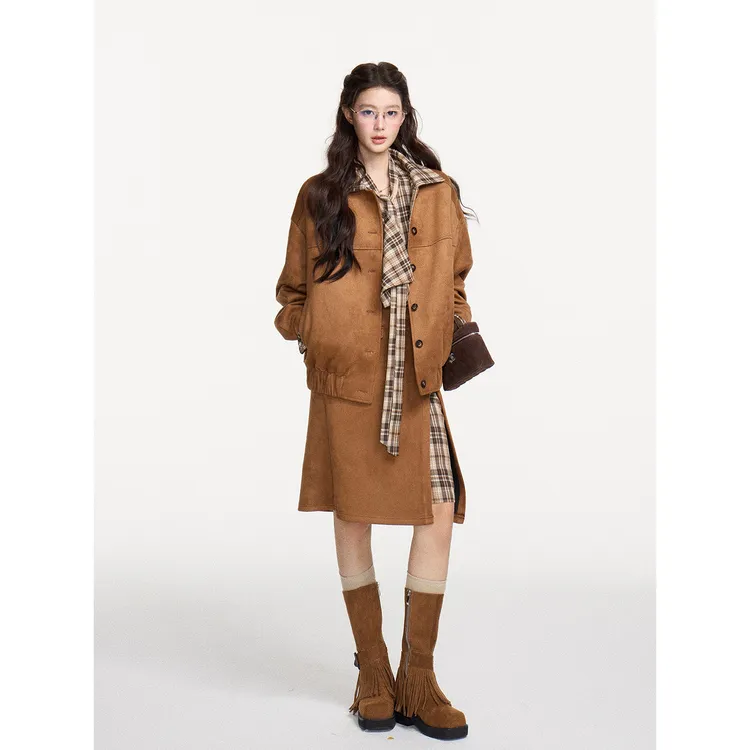 谢不肉 冬季拼接格纹外套女复古半裙设计感衬衫51241/51242/51243