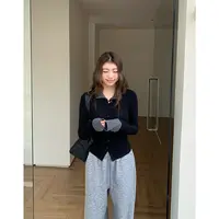 橘子树在哪儿条纹拼接长袖T恤女秋季款翻领显瘦开衫时尚简约打底