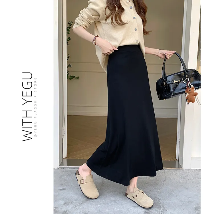 黑色鱼尾裙女2025年春秋中长款高腰a字包臀裙小个子莫代尔半身裙