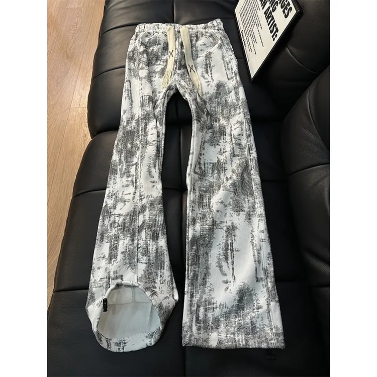 美式扎染灯芯绒裤子男秋冬季加绒加厚休闲裤青少年抽绳运动直筒裤