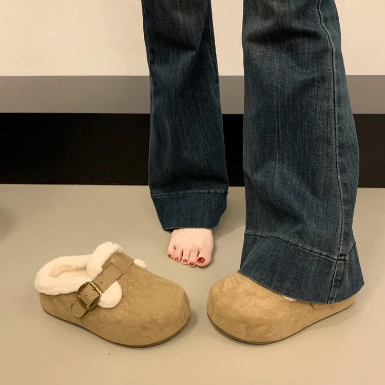 女士厚底大头勃肯拖鞋内增高毛毛半拖秋冬一脚蹬加绒包头棉拖外穿