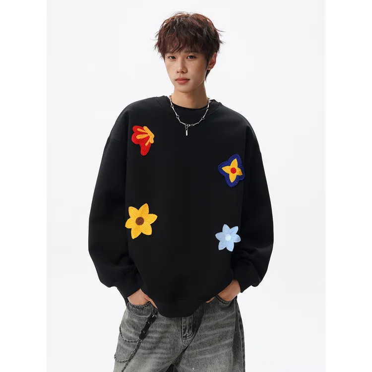 美式花卉刺绣重磅圆领卫衣男潮牌秋季宽松设计感百搭休闲黑色上衣