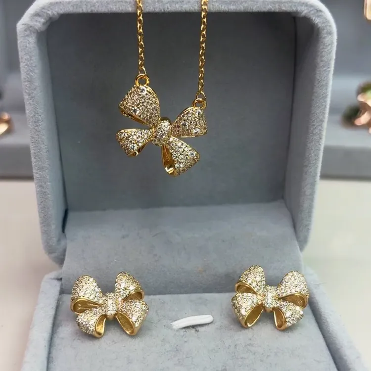 铜合金锆石项链 金色合金超美时尚两件套