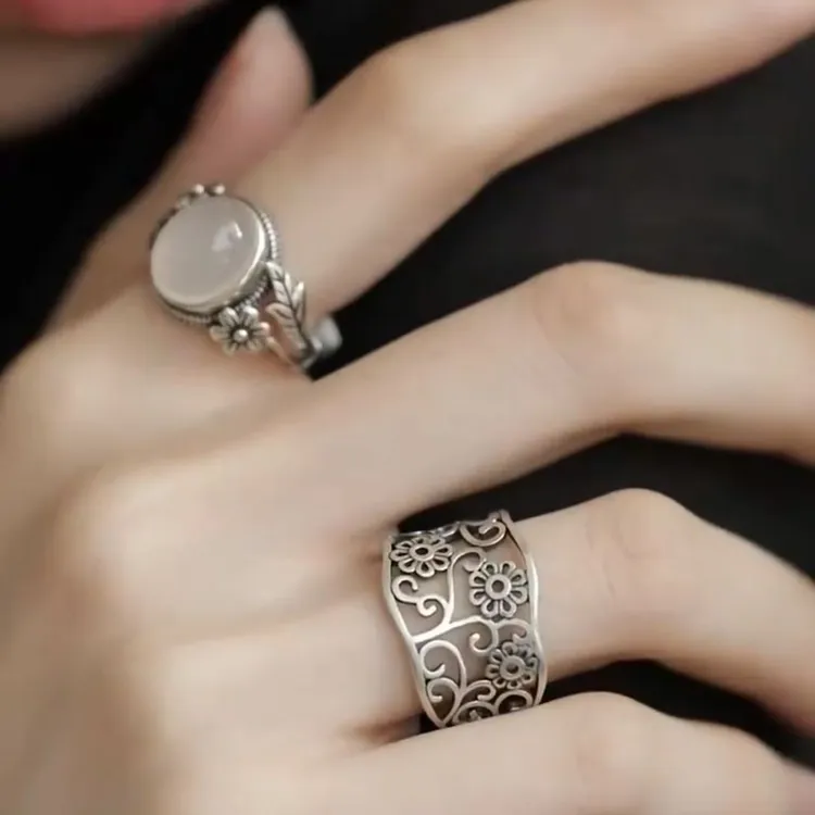 新中式戒指复古花朵树叶指环气质白月光开口可调节食指戒女做旧