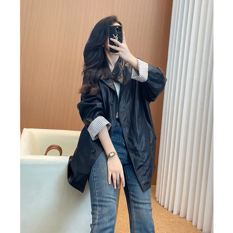 黑色皮衣外套女2025新款中长款拼色欧货今年流行爆款长款机车服潮