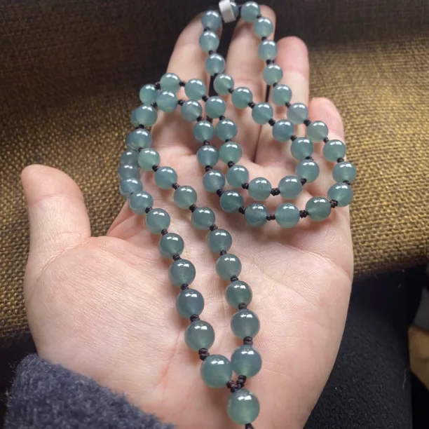 冰透高品质天然翡翠冰蓝水卡8mm圆珠吊坠挂绳玉石珠链