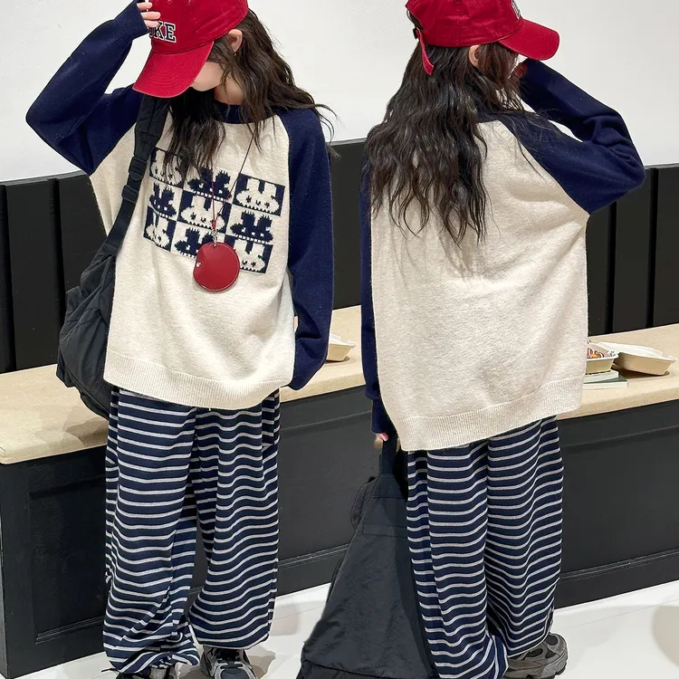 女童套装春秋款2025新款儿童洋气针织开衫女孩秋装条纹裤两件套潮