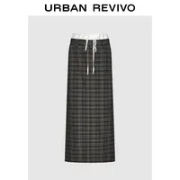 UR2025冬季新款女装复古拼接腰头格纹后开衩半裙UWJ550069