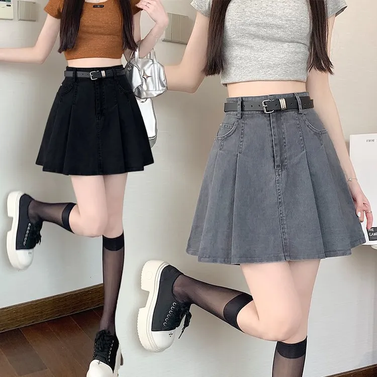 洋气半身裙女夏季2025新款时尚高腰显瘦A字百褶裙牛仔短裙送腰带