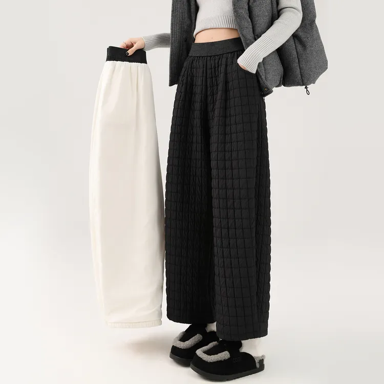 大码白色菱形格加棉香蕉阔腿裤棉裤女冬季胖mm保暖加厚显瘦奶奶裤