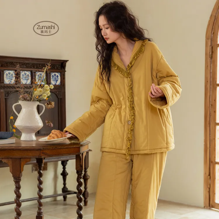 族玛士睡衣女2025新款秋冬季纯棉夹棉袄加厚保暖可外穿家居服套装