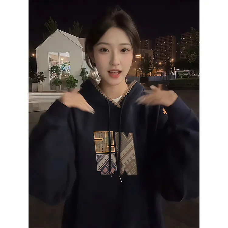 美式刺绣连帽卫衣女春秋2025新款慵懒风爆款宽松oversize外套潮
