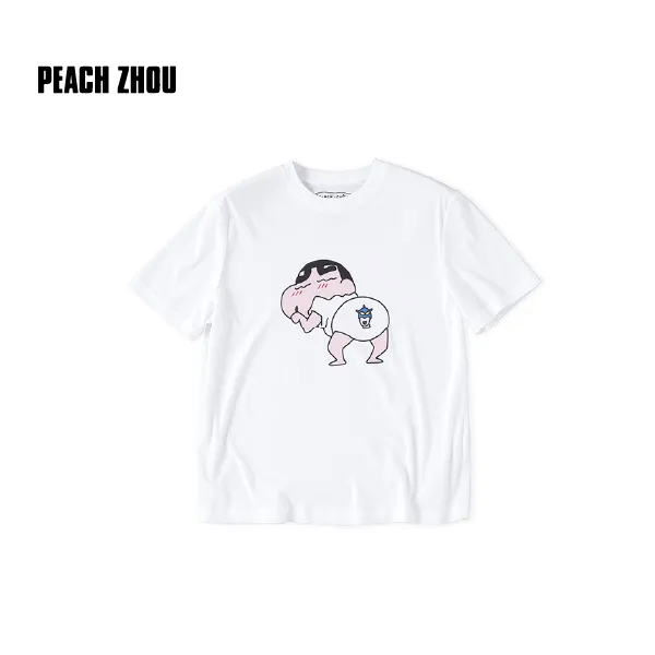 PEACHZHOU 强捻纸片蜡笔小新卡通印花正肩宽松圆领短袖小版型T恤