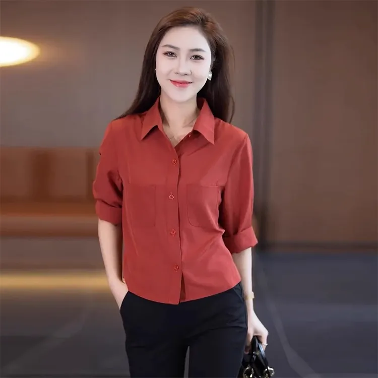 La babite 长袖衬衫2025春季新款时尚洋气宽松显瘦Polo领衬衣上衣