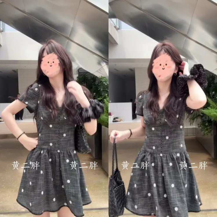 白色波点V领小黑裙女小个子高端气质收腰显瘦连衣裙2025夏季新款