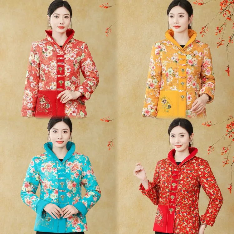 新款花开富贵修身唐装妈妈装棉