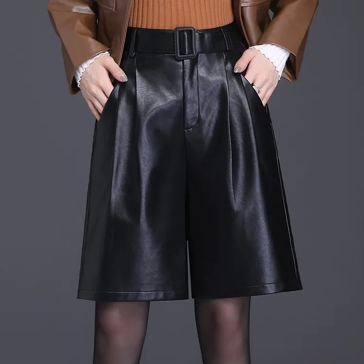 五分裤皮短裤女外穿显瘦2025秋冬短皮裤休闲高腰阔腿宽松靴裤中裤