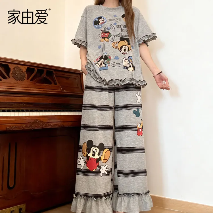 韩系少女卡通米奇大码短袖睡衣女夏季新款条纹阔腿家居服两件套
