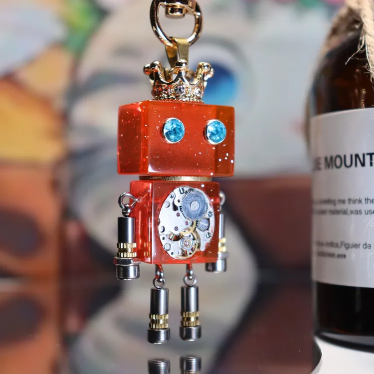 不锈钢树脂吊坠 双11大促，朋克机器人项链挂饰-中古机芯红色闪粉