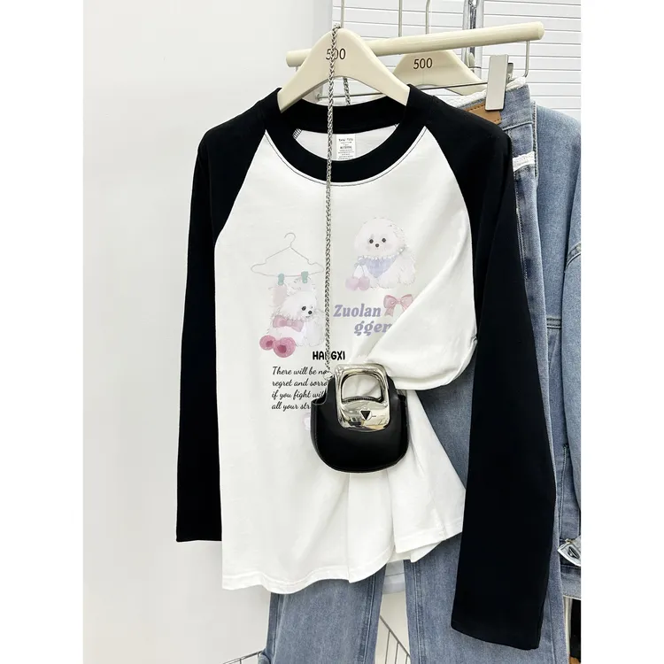 纯棉插肩长袖T恤女秋季大码胖mm设计感撞色圆领洋气小狗印花上衣
