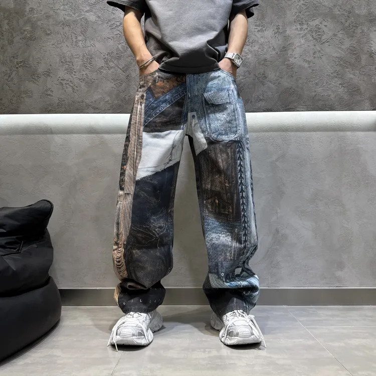 秋冬季男士复古港风阔腿裤拉链系扣牛仔裤活性数码印扎染直筒长裤