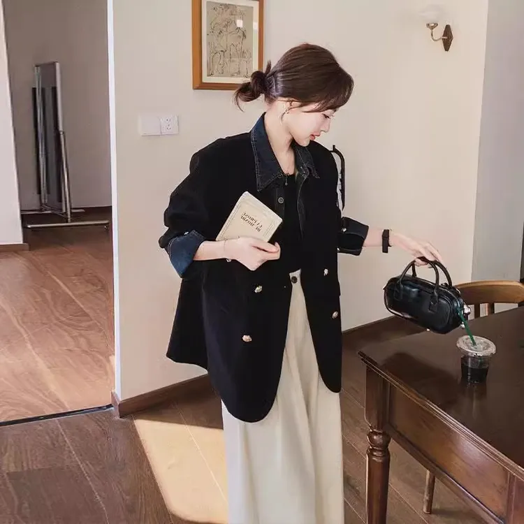 假两件牛仔拼接灯芯绒西服外套2025春韩系设计感宽松休闲西装上衣