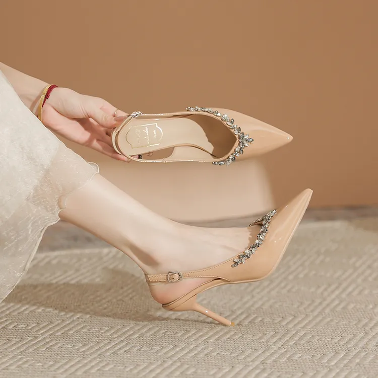 X909链条水钻高跟鞋女爆款新款细跟尖头气质法式单鞋一字带