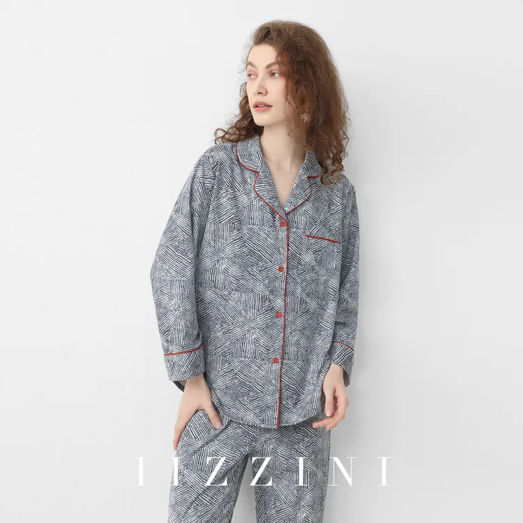 IIZZINI青瓦纹睡衣女秋冬长袖薄款磨毛珊瑚绒简约奢华家居服套装