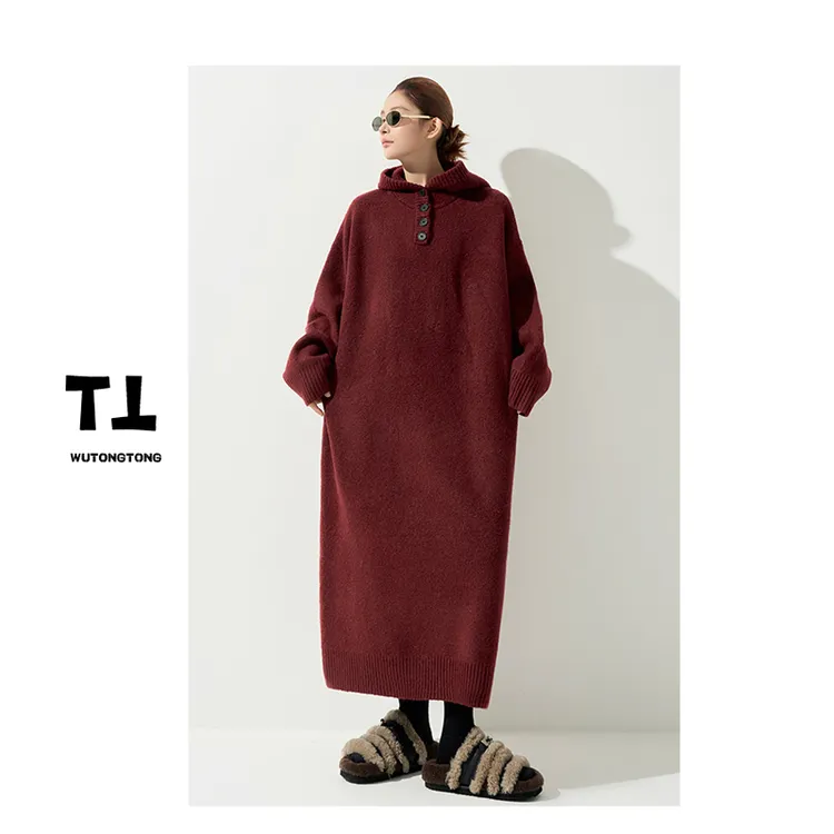 10/16【入梦童话】冬季慵懒风连帽净版毛衣裙女过膝长款连衣裙62804