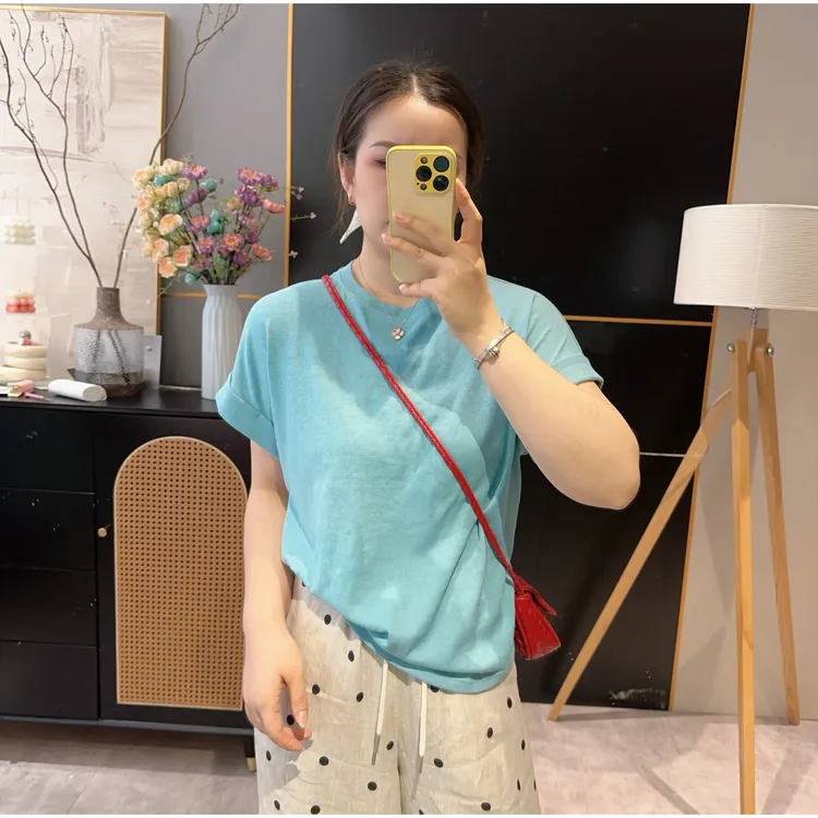 【欧加恋恋】韩版圆领纯色光版套头短袖T恤袖口卷边休闲T恤 H82547