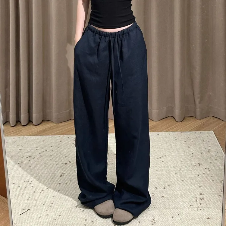 藏青色天丝亚麻阔腿裤女2025夏季薄款显瘦高腰垂感直筒宽松拖地裤