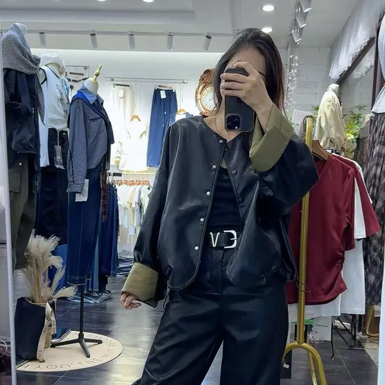 秋季新款两面服一衣两穿pu外套上衣女夹克韩版宽松高级感精致百搭