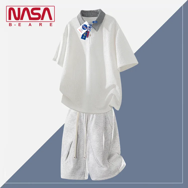 NASA联名潮流拼接翻领短袖T恤上衣男夏季轻奢百搭休闲套装两件套